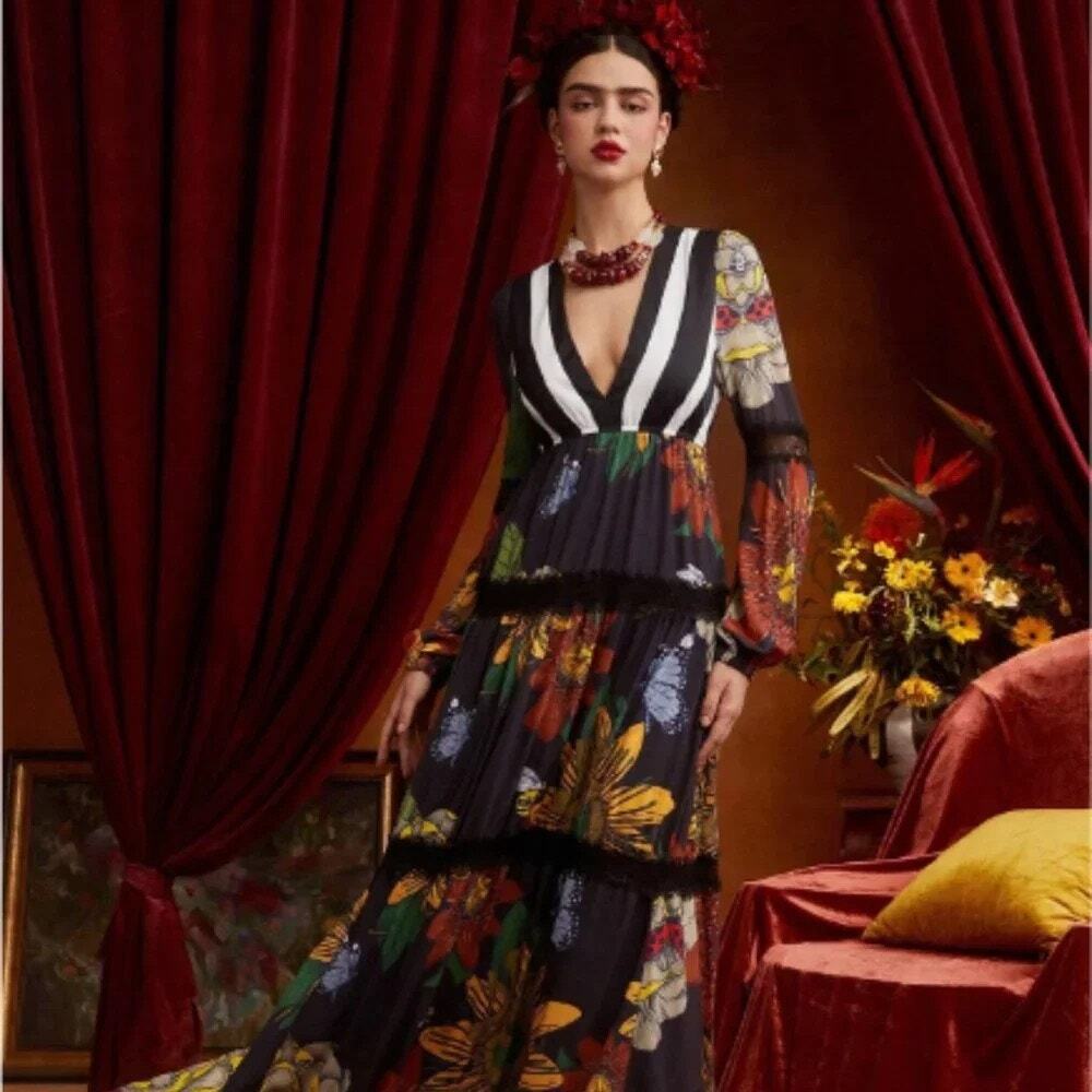 Frida Kahlo Mixed Print Flowy Nature Inspired Whimsical Maxi Dress Women's Large